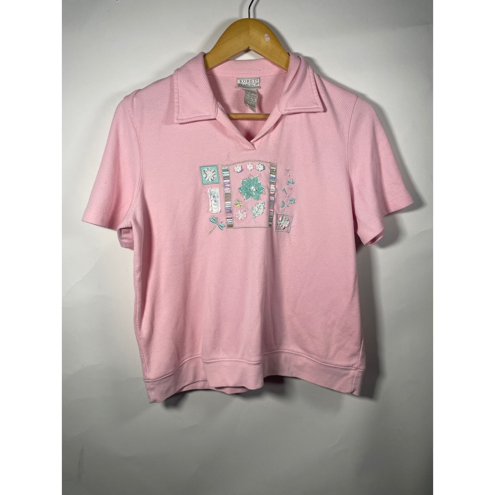 Koret Francisca Pink Embroidered Floral Short Sleeve Collared Top Blouse‎ M